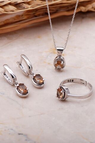 Sultan Taşlı Rodyumlu Oval Gümüş Set 2349