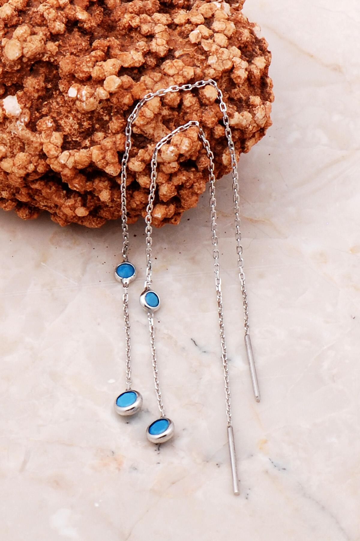 Turkuaz Taşlı Gümüş Zincir Küpe 5213