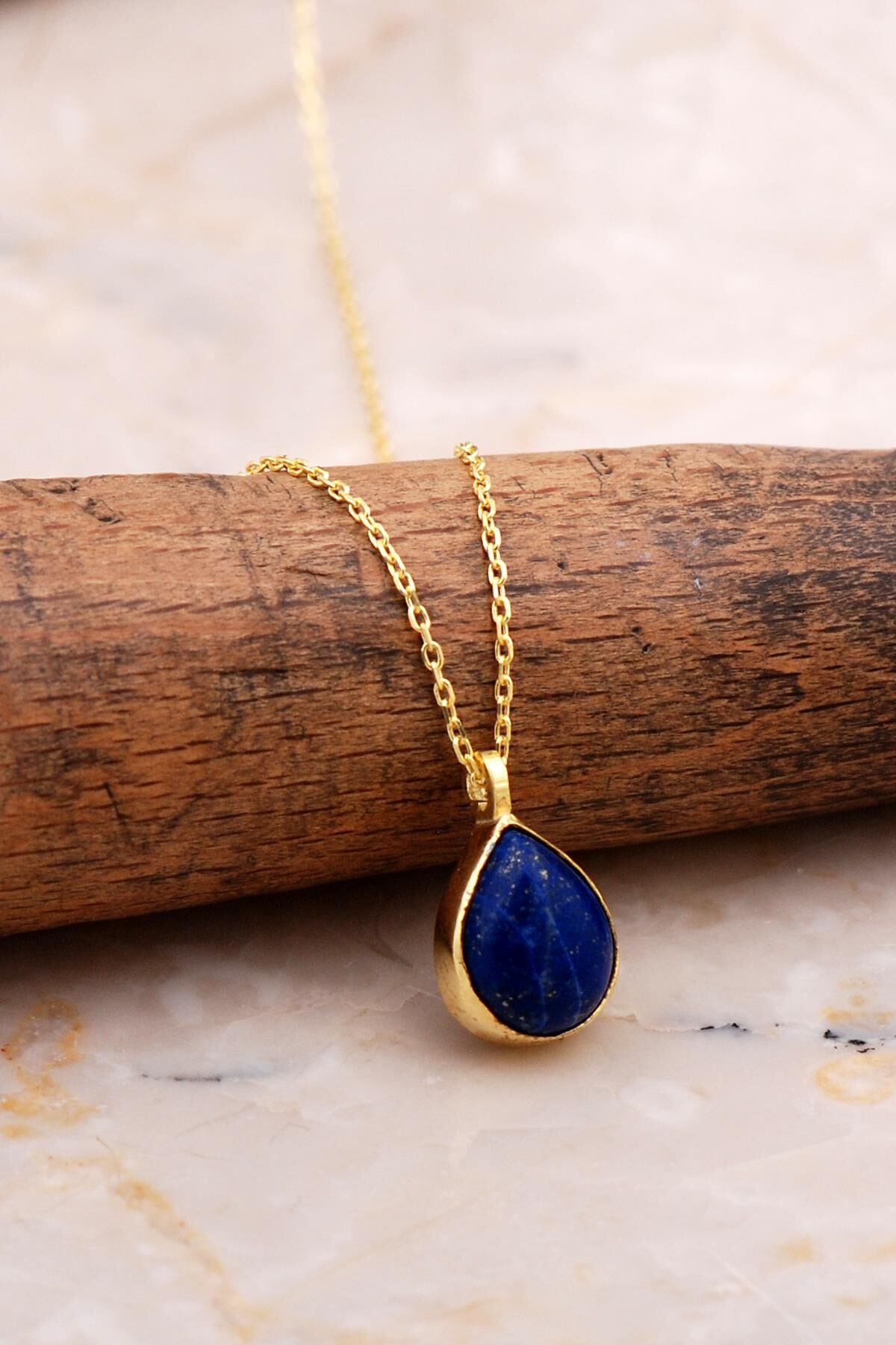 Doğal Lapis Lazuli Taşlı Damla Mini Altın Yaldızlı Gümüş Kolye 7738