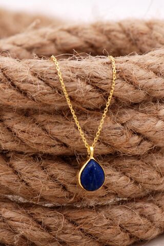 Doğal Lapis Lazuli Taşlı Damla Mini Altın Yaldızlı Gümüş Kolye 7738