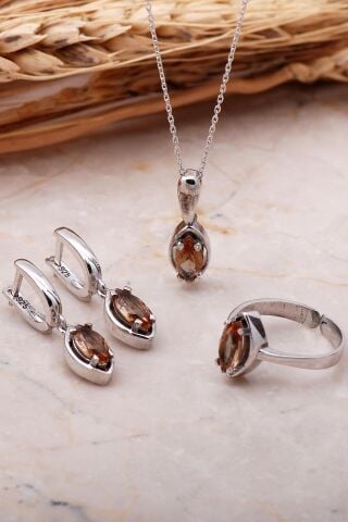 Sultan Taşlı Rodyumlu Mekik Gümüş Set 2350