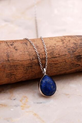 Doğal Lapis Lazuli Taşlı Damla Mini Rodyumlu Gümüş Kolye 7739