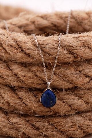 Doğal Lapis Lazuli Taşlı Damla Mini Rodyumlu Gümüş Kolye 7739