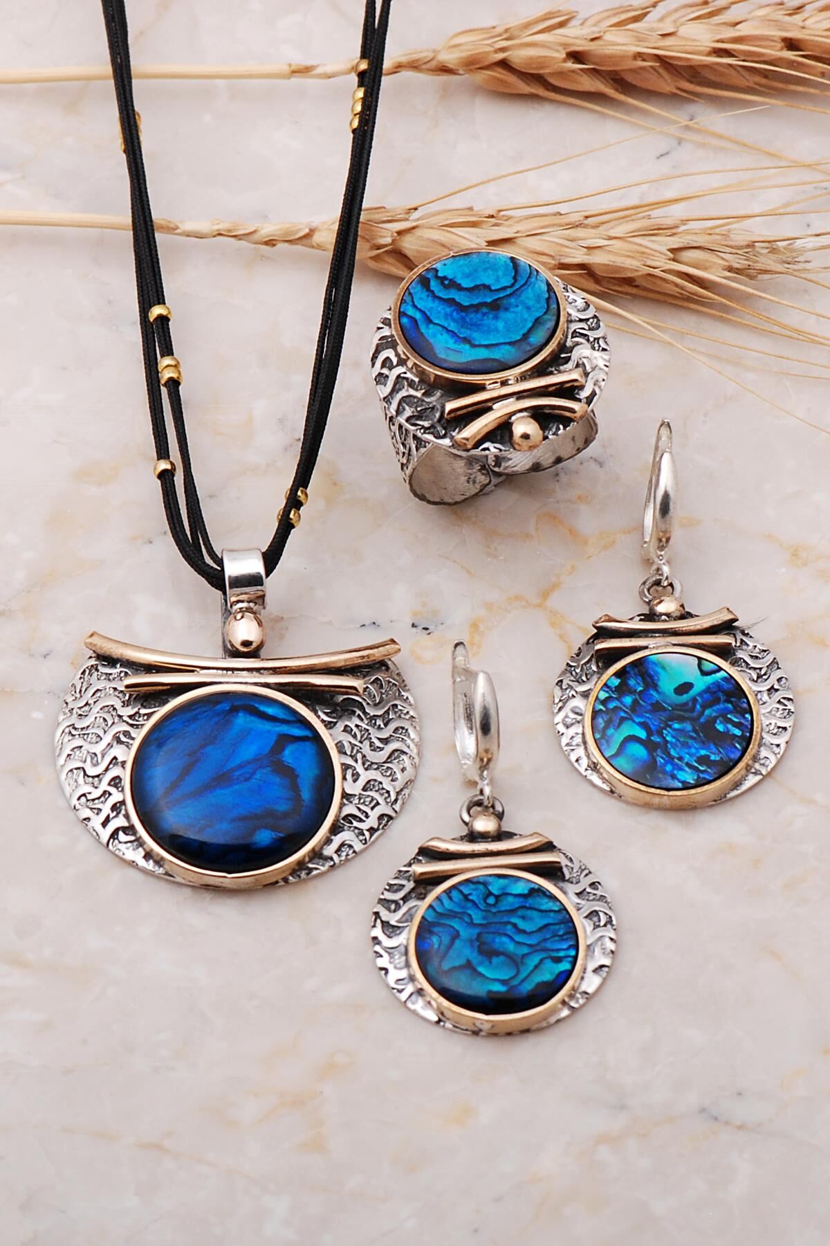 Okyanus Sedefi Taşlı Tasarım Elişi Gümüş Set 1971