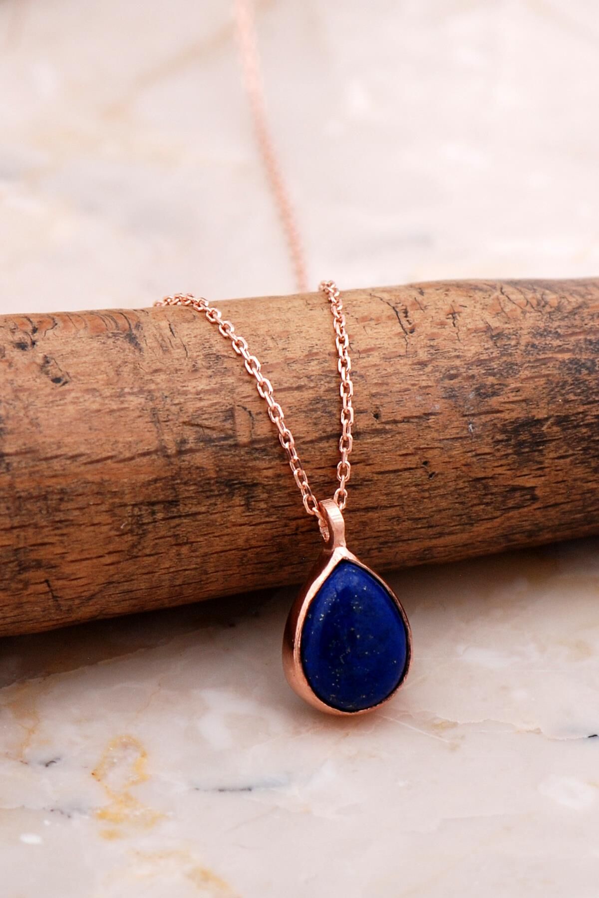 Doğal Lapis Lazuli Taşlı Damla Mini Rose Gümüş Kolye 7740
