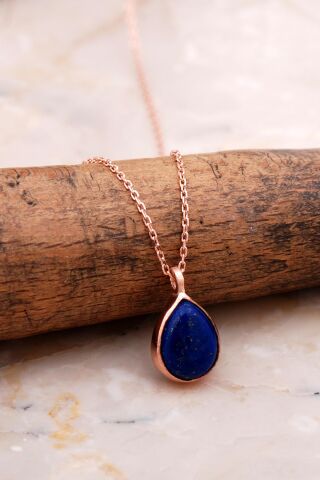 Doğal Lapis Lazuli Taşlı Damla Mini Rose Gümüş Kolye 7740