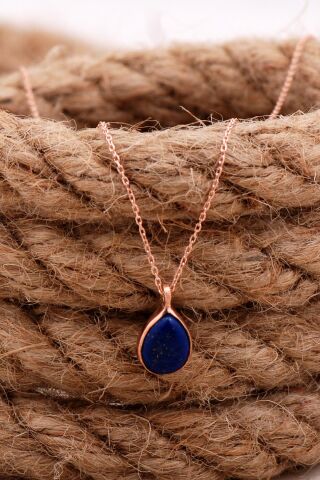 Doğal Lapis Lazuli Taşlı Damla Mini Rose Gümüş Kolye 7740