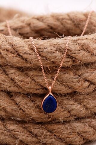 Doğal Lapis Lazuli Taşlı Damla Mini Rose Gümüş Kolye 7740