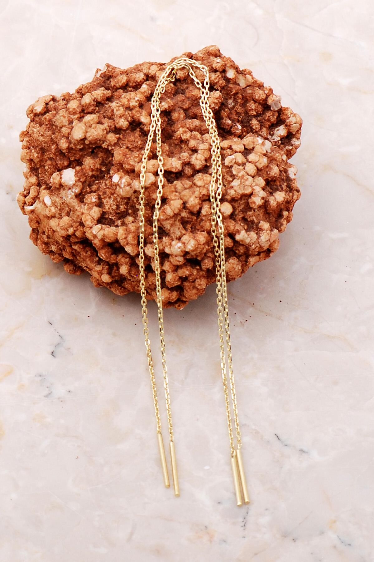 Altın Yaldızlı Gümüş Zincir Küpe 5218