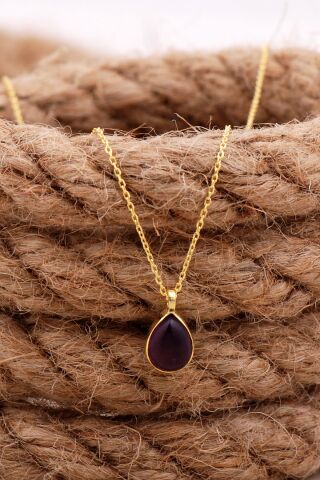 Doğal Ametist Taşlı Damla Mini Altın Yaldızlı Gümüş Kolye 7741