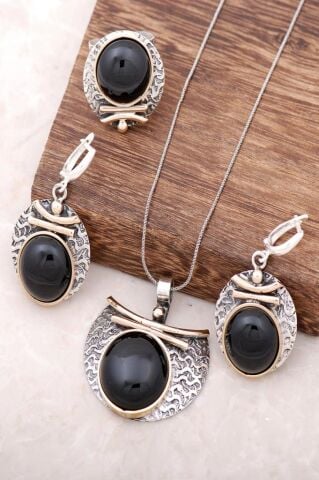 Oltu Taşlı Kalkan Tasarım Elişi Gümüş Set 1972