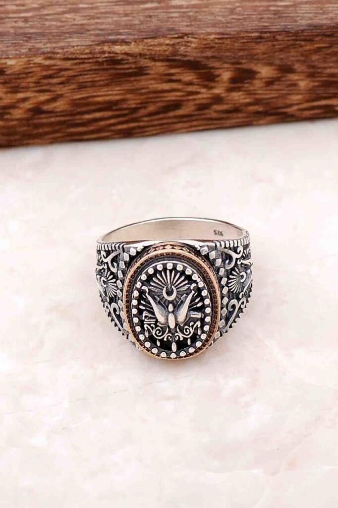 Osmanlı Armalı Oniks Taşlı El Yapımı Gümüş Erkek Yüzüğü 298