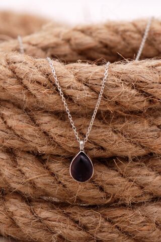 Doğal Ametist Taşlı Damla Mini Rodyumlu Gümüş Kolye 7742