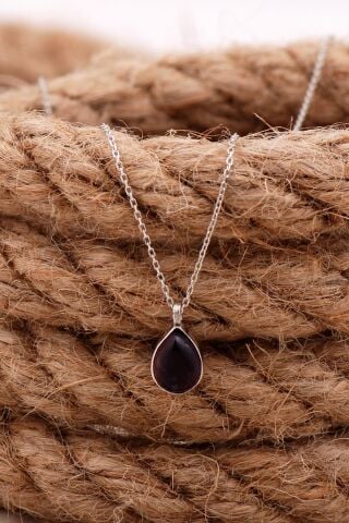 Doğal Ametist Taşlı Damla Mini Rodyumlu Gümüş Kolye 7742