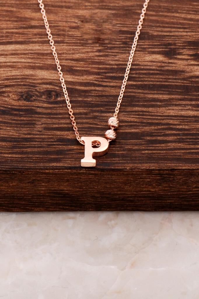 P Harfli Tasarım Rose Gümüş Kolye 3830