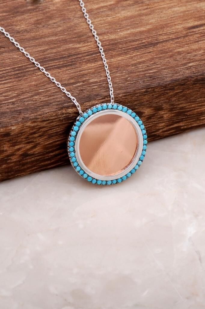 Tamtur Turkuaz Taşlı Rose Gümüş Plaka Kolye 1209