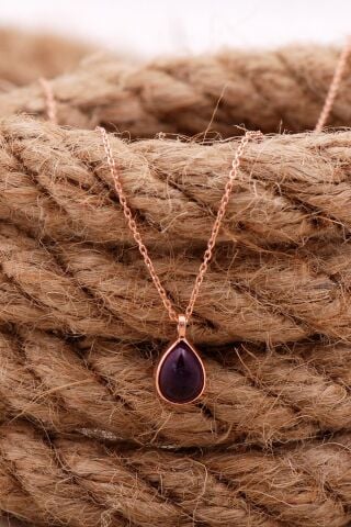 Doğal Ametist Taşlı Damla Mini Rose Gümüş Kolye 7743