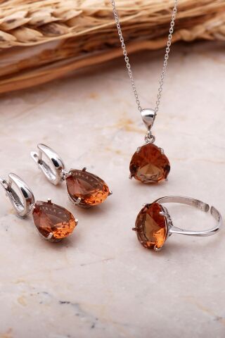 Sultan Taşlı Rodyumlu Damla Gümüş Set 2355