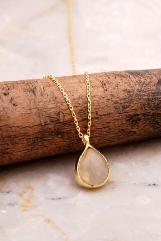 Doğal Sarı Rutil Kuvars Taşlı Damla Mini Altın Yaldızlı Gümüş Kolye 7744