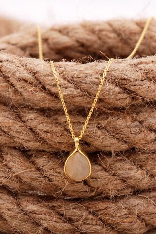 Doğal Sarı Rutil Kuvars Taşlı Damla Mini Altın Yaldızlı Gümüş Kolye 7744