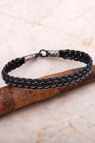 Kazaziye İşlemeli 19 Cm Örgü Gümüş Erkek Bileklik 4276