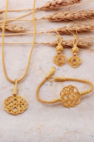 Aşk Düğümü Kazaziye El Sarması Altın Yaldızlı Gümüş Set 1410