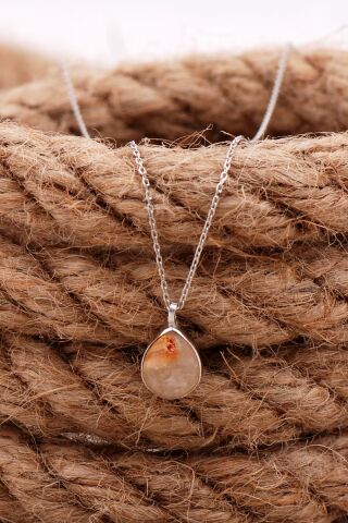 Doğal Sarı Rutil Kuvars Taşlı Damla Mini Rodyumlu Gümüş Kolye 7745