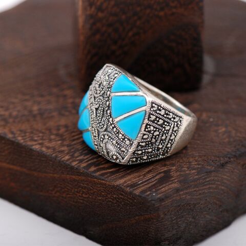 Turkuaz Ve Markazit Taşlı Tasarım Gümüş Yüzük 2408