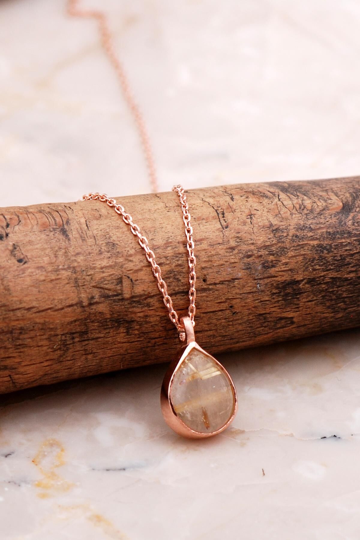 Doğal Sarı Rutil Kuvars Taşlı Damla Mini Rose Gümüş Kolye 7746