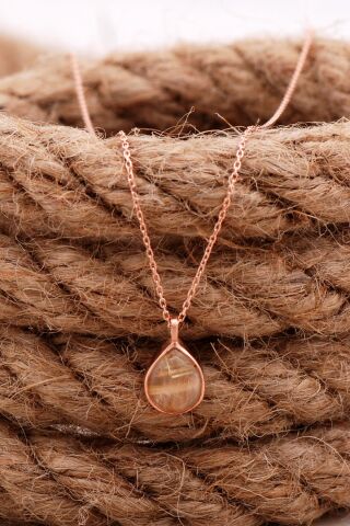 Doğal Sarı Rutil Kuvars Taşlı Damla Mini Rose Gümüş Kolye 7746