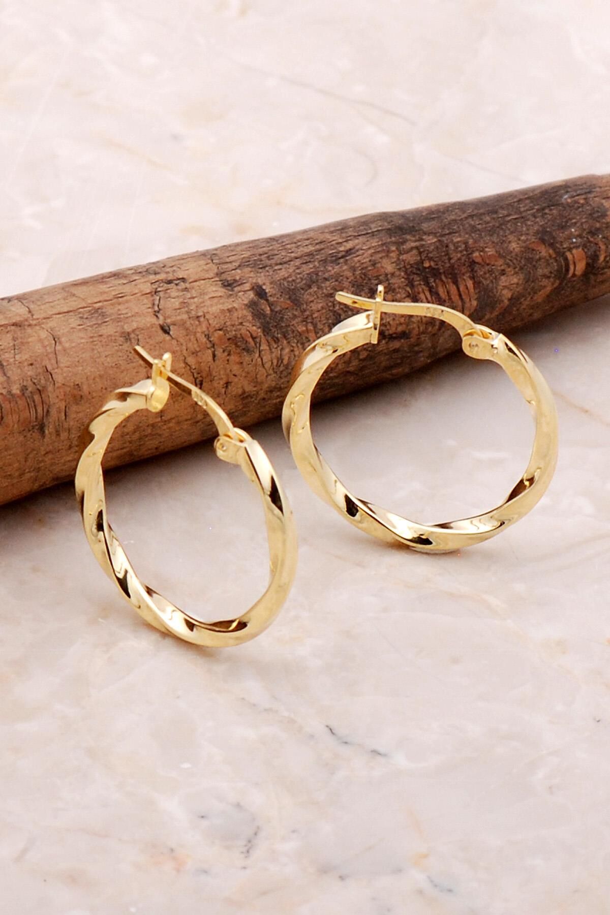 Burgu Altın Yaldızlı 25 Mm Gümüş Halka Küpe 5223