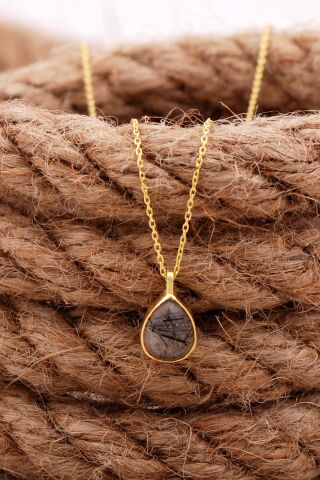 Doğal Rutil Kuvars Taşlı Damla Mini Altın Yaldızlı Gümüş Kolye 7747