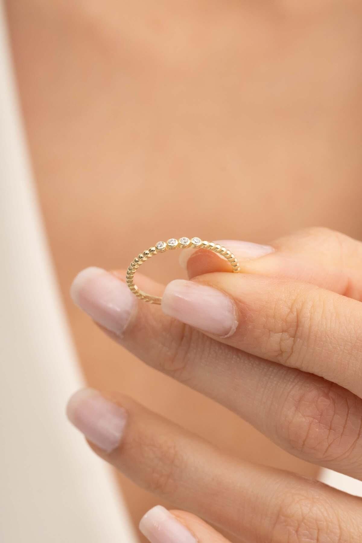 Taşlı Topçuk Altın Kaplama Gümüş İnce Yüzük 5960