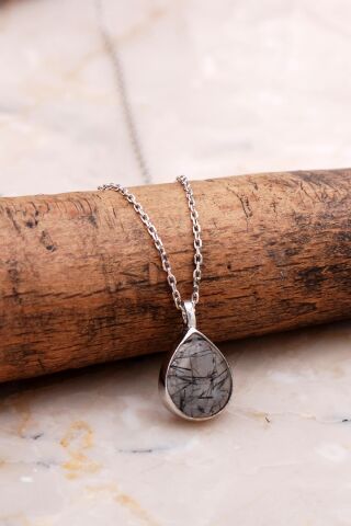 Doğal Rutil Kuvars Taşlı Damla Mini Rodyumlu Gümüş Kolye 7748