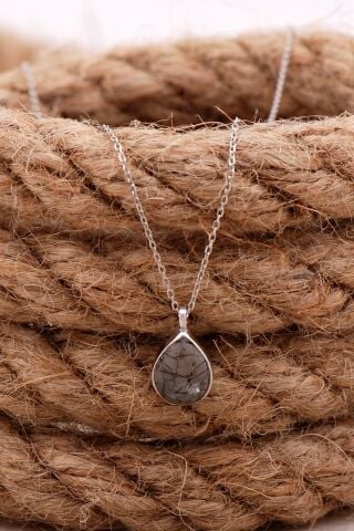 Doğal Rutil Kuvars Taşlı Damla Mini Rodyumlu Gümüş Kolye 7748