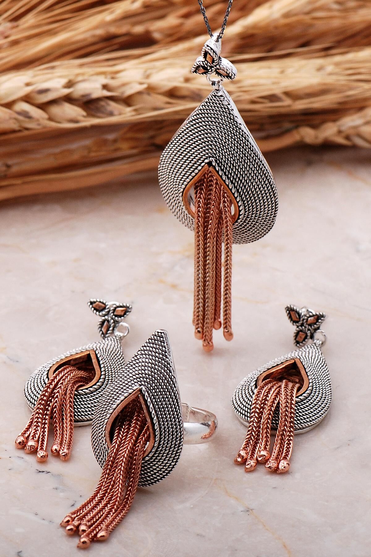 Telkari Elişi Rose Püsküllü Damla Gümüş Set 2360