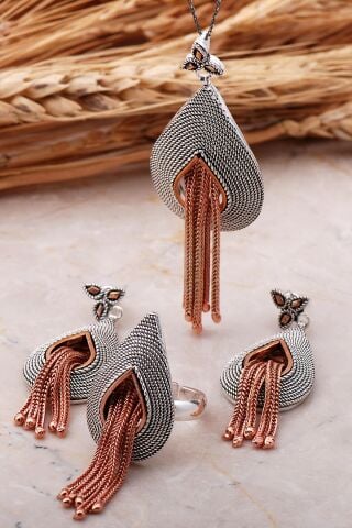 Telkari Elişi Rose Püsküllü Damla Gümüş Set 2360