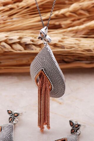 Telkari Elişi Rose Püsküllü Damla Gümüş Set 2360