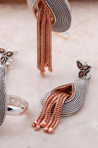 Telkari Elişi Rose Püsküllü Damla Gümüş Set 2360