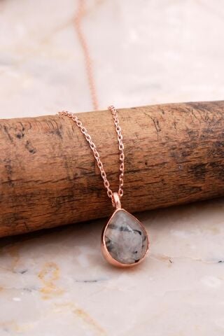Doğal Rutil Kuvars Taşlı Damla Mini Rose Gümüş Kolye 7749