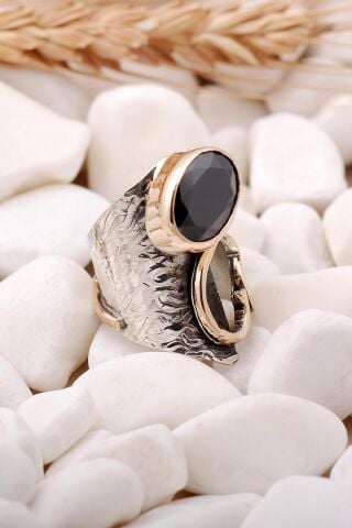 Oniks Taşlı Çekiç Dövme Elişi Gümüş Yüzük 3475