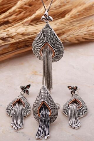 Telkari Elişi Püsküllü Damla Gümüş Set 2361