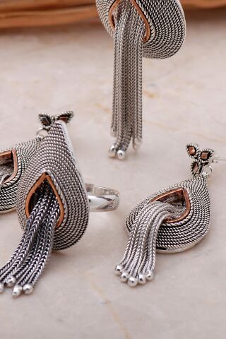 Telkari Elişi Püsküllü Damla Gümüş Set 2361