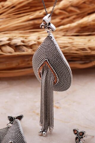 Telkari Elişi Püsküllü Damla Gümüş Set 2361