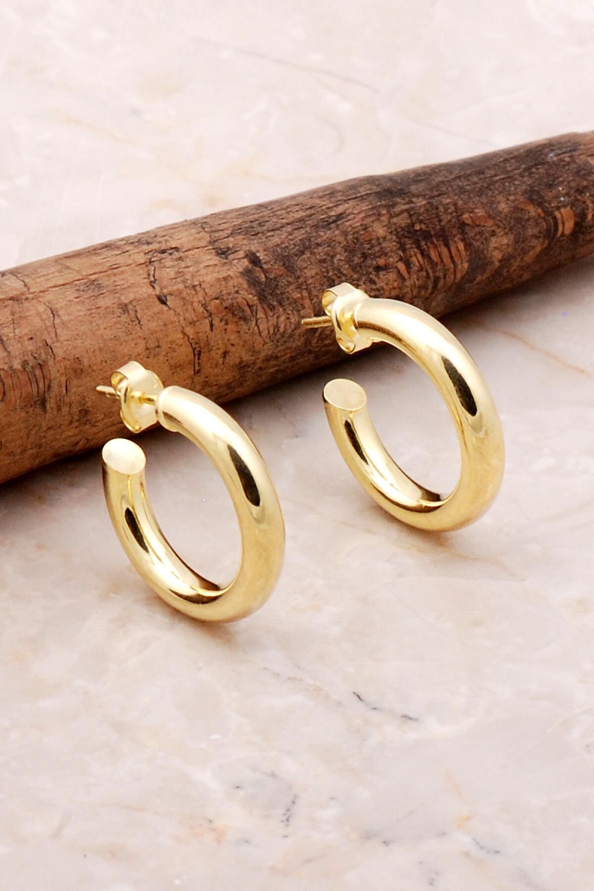 Bombeli 22 Mm Altın Yaldızlı Gümüş Halka Küpe 5226