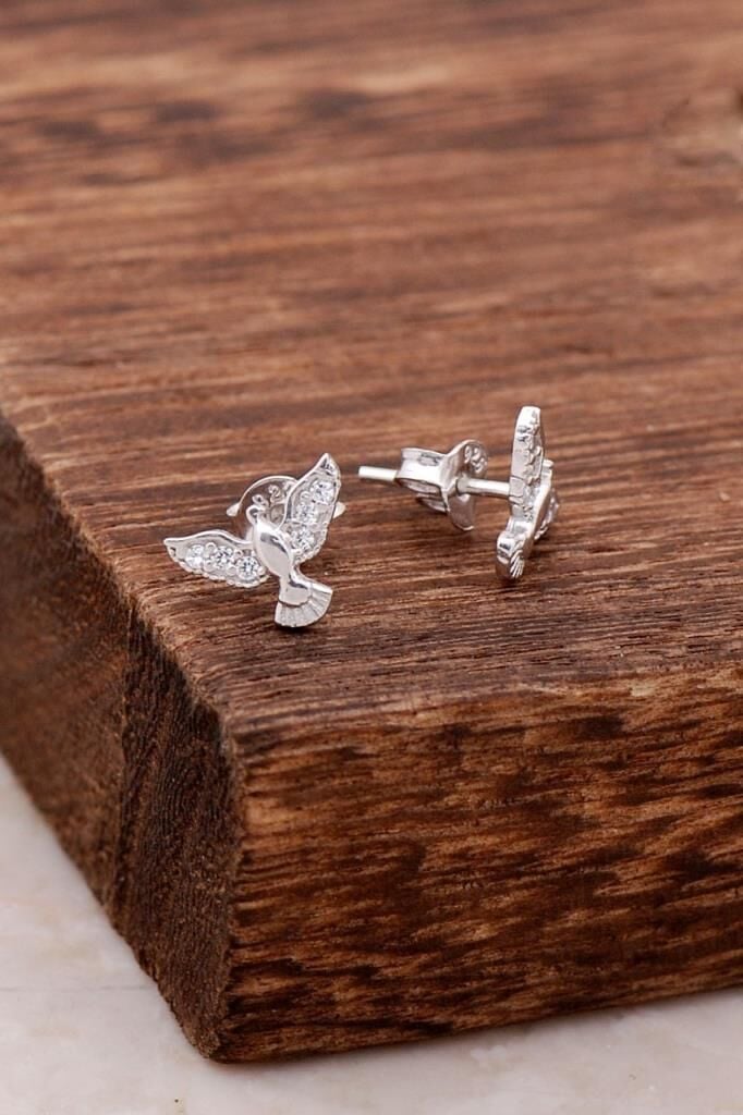 Güvercin Tasarımlı Taşlı Gümüş Küpe 3816