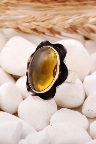 Kehribar Taşlı Elişi Gümüş Yüzük 3477