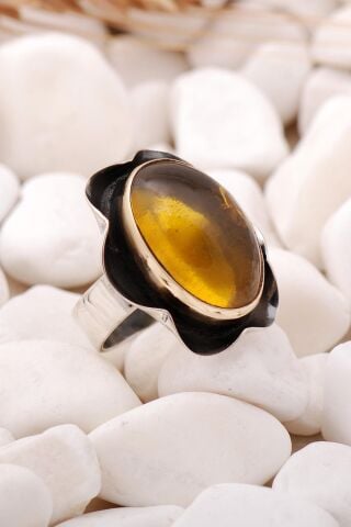 Kehribar Taşlı Elişi Gümüş Yüzük 3477