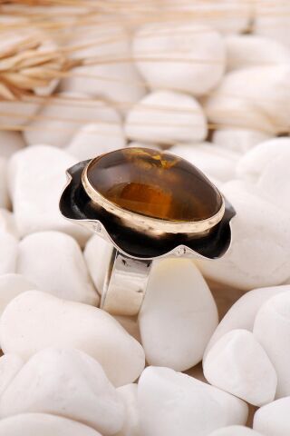 Kehribar Taşlı Elişi gümüş Yüzük 3477