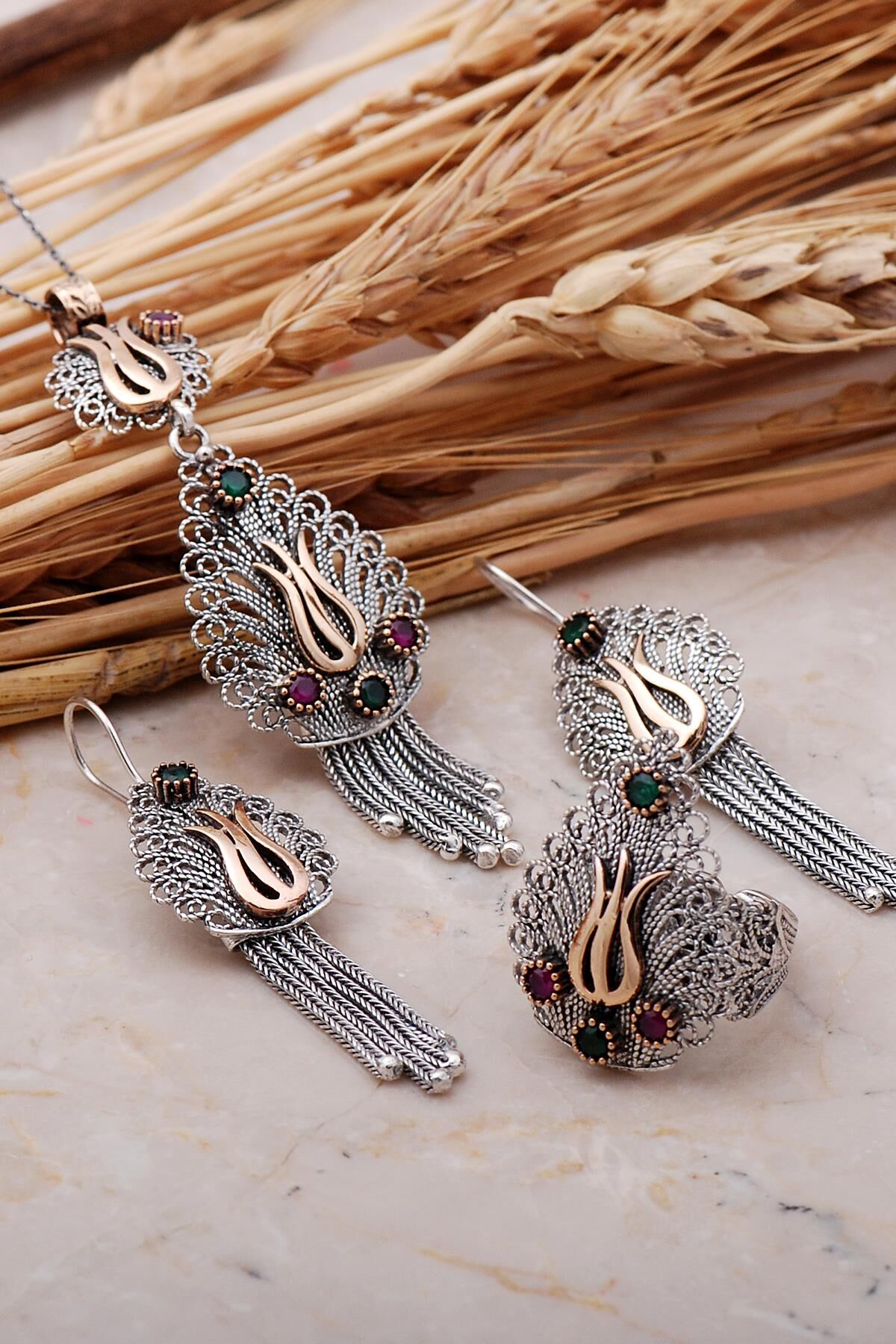 Laleli Püsküllü Telkari Elişi Gümüş Set 2363